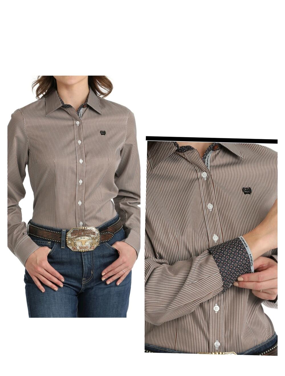 5788)Cinch Ladies XS Tencel Brown Pinstripe Western Button Down Long Slev Shirt